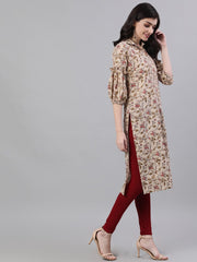 Women Beige Calf Length Three-Quarter Sleeves Straight Floral Printed Cotton Kurta