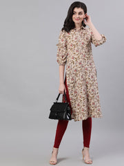 Women Beige Calf Length Three-Quarter Sleeves Straight Floral Printed Cotton Kurta