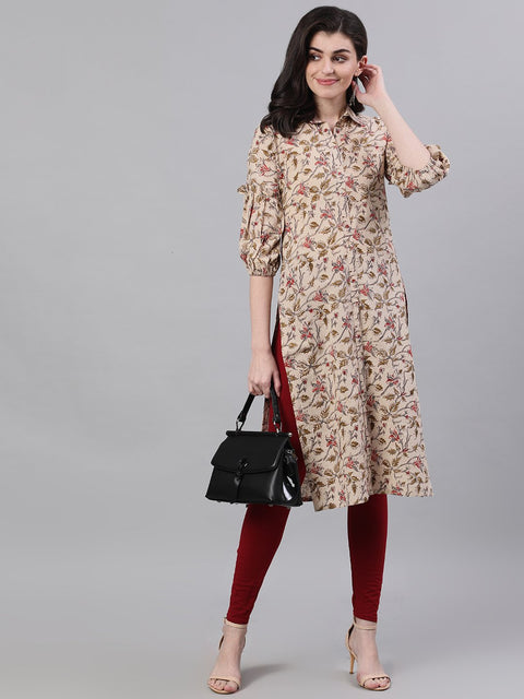 Women Beige Calf Length Three-Quarter Sleeves Straight Floral Printed Cotton Kurta