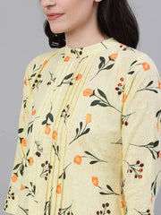 Women yellow floral print pin-tuck tunic