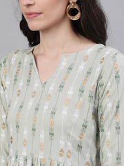 Women Sage Green Geometric Printed V-Neck Viscose Rayon Fit and Flare Dress