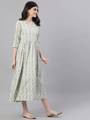 Women Sage Green Geometric Printed V-Neck Viscose Rayon Fit and Flare Dress