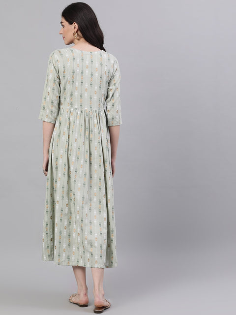 Women Sage Green Geometric Printed V-Neck Viscose Rayon Fit and Flare Dress