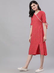 Women Red Striped Striped V-Neck Viscose Rayon A-Line Dress