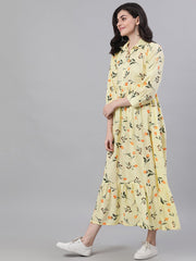 Women Yellow Floral Printed Shirt Collar Cotton A-Line Dress