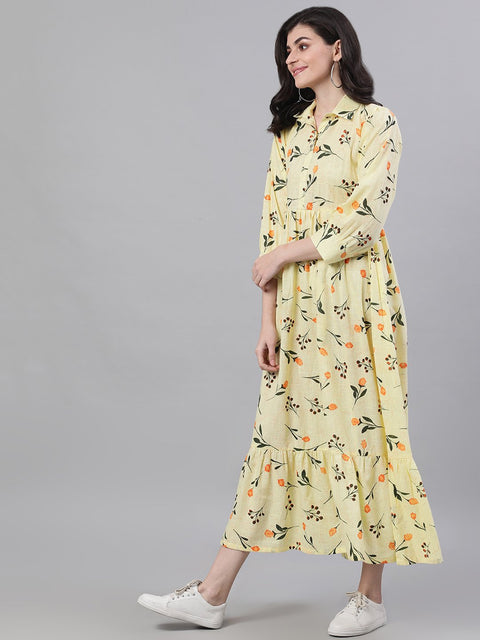 Women Yellow Floral Printed Shirt Collar Cotton A-Line Dress