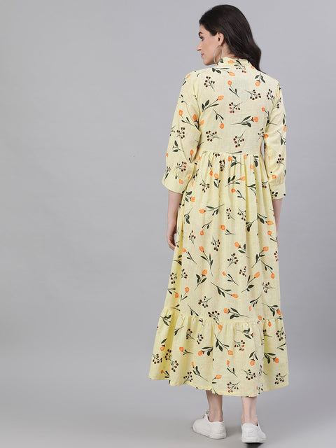 Women Yellow Floral Printed Shirt Collar Cotton A-Line Dress