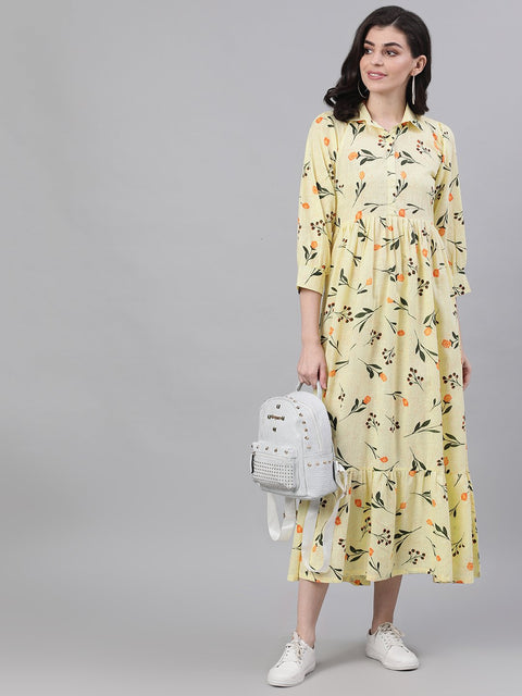 Women Yellow Floral Printed Shirt Collar Cotton A-Line Dress