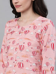Women Peach Three-Quarter Sleeves Gathered or Pleated Top