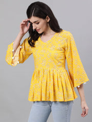 Women Yellow Three-Quarter Sleeves Gathered or Pleated Top