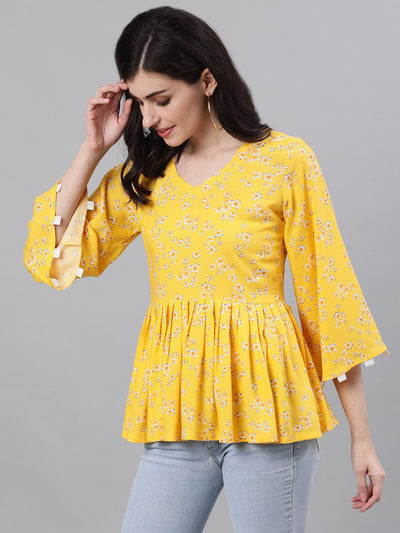 Women Yellow Three-Quarter Sleeves Gathered or Pleated Top