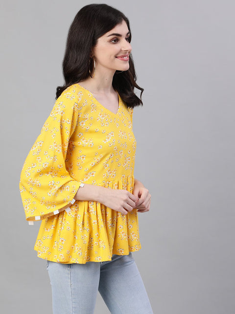 Women Yellow Three-Quarter Sleeves Gathered or Pleated Top
