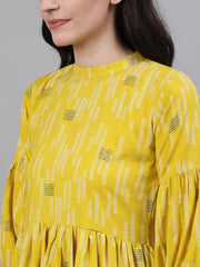 Women Yellow Three-Quarter Sleeves Gathered or Pleated Top