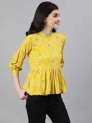 Women Yellow Three-Quarter Sleeves Gathered or Pleated Top