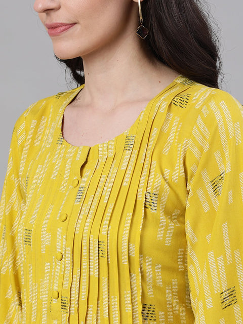 Women Yellow Conversational Printed Round Neck Viscose Rayon A-Line Dress