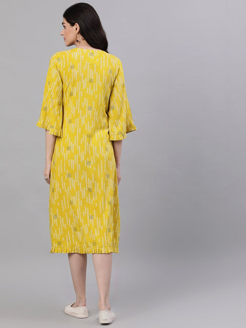 Women Yellow Conversational Printed Round Neck Viscose Rayon A-Line Dress