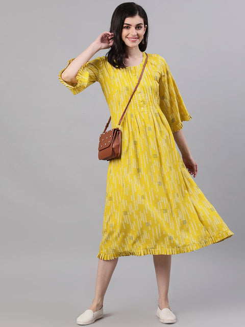 Women Yellow Conversational Printed Round Neck Viscose Rayon A-Line Dress