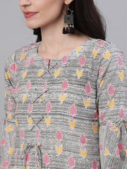 Women Grey Ethnic Motifs Printed V-Neck Cotton A-Line Dress