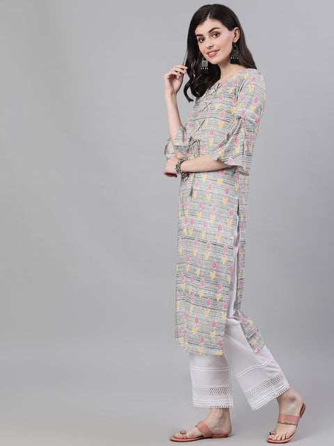 Women Grey Ethnic Motifs Printed V-Neck Cotton A-Line Dress