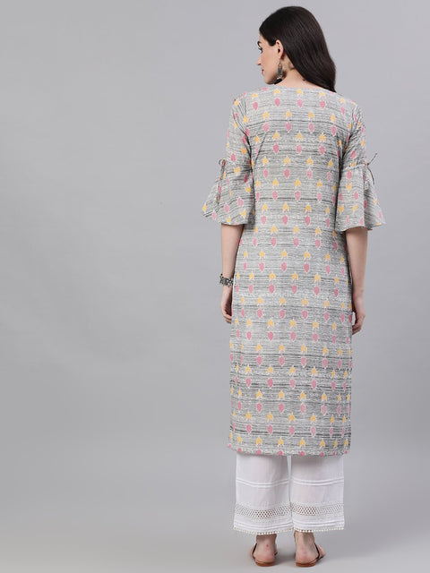 Women Grey Ethnic Motifs Printed V-Neck Cotton A-Line Dress