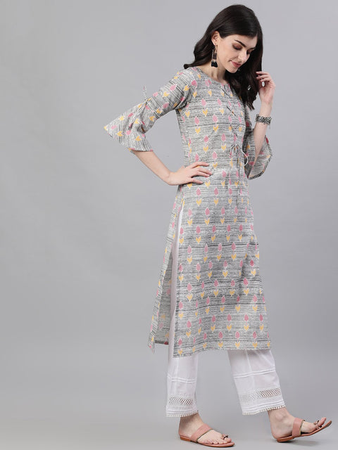 Women Grey Ethnic Motifs Printed V-Neck Cotton A-Line Dress