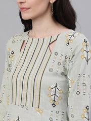 Women Sage Green Floral Printed Boat Neck Cotton A-Line Dress