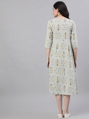 Women Sage Green Floral Printed Boat Neck Cotton A-Line Dress