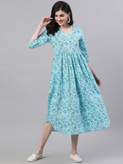 Women Blue Floral Printed V-Neck Cotton Fit and Flare Dress