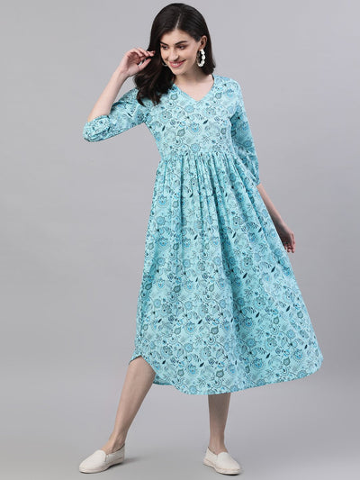 Women Blue Floral Printed V-Neck Cotton Fit and Flare Dress
