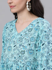 Women Blue Floral Printed V-Neck Cotton Fit and Flare Dress