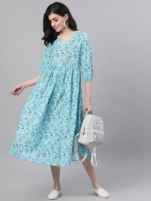 Women Blue Floral Printed V-Neck Cotton Fit and Flare Dress