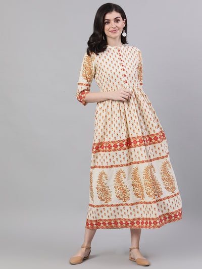 Women White Ethnic Motifs Printed Mandarin Collar Cotton Maxi Dress