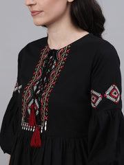 Women Navy Black Solid Solid Tie-Up Neck Viscose Rayon Fit and Flare Dress