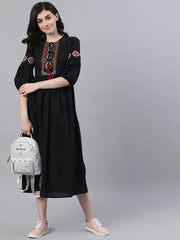 Women Navy Black Solid Solid Tie-Up Neck Viscose Rayon Fit and Flare Dress