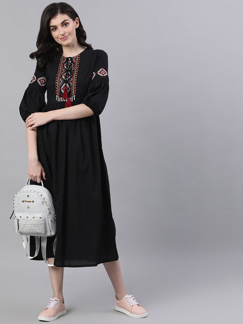 Women Navy Black Solid Solid Tie-Up Neck Viscose Rayon Fit and Flare Dress