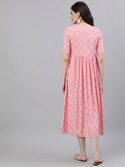 Women Pink Checked Checked V-Neck Viscose Rayon Maxi Dress