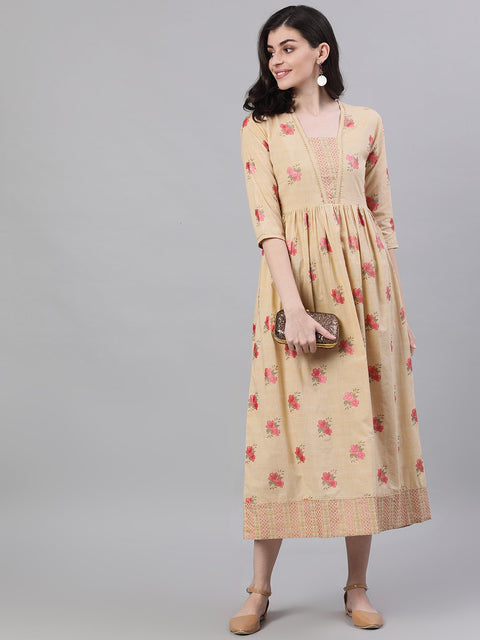 Women Yellow Floral Printed Square Neck Cotton Maxi Dress