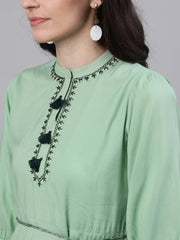 Women Pastel Green Solid Solid Mandarin Collar Viscose Rayon Maxi Dress