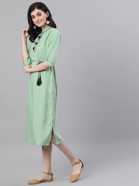 Women Pastel Green Solid Solid Mandarin Collar Viscose Rayon Maxi Dress