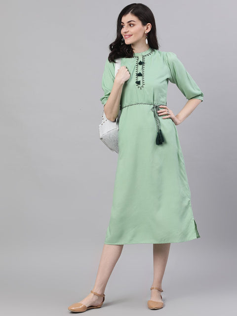 Women Pastel Green Solid Solid Mandarin Collar Viscose Rayon Maxi Dress