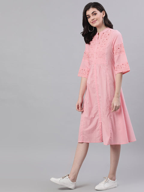 Women Pink Solid Solid Mandarin Collar Cotton Maxi Dress