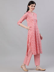 Women Pink Three-Quarter Sleeves Straight Kurta Palazzo With Dupatta
