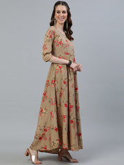 Women Beige Printed Maxi Dress With Three Quarter Sleeves