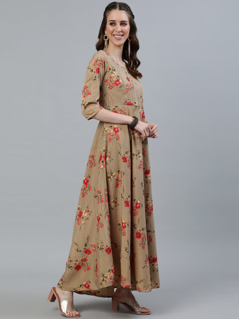 Women Beige Printed Maxi Dress With Three Quarter Sleeves