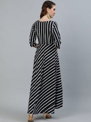 Women Black Striped Maxi Dress With Three Quarter Sleeves