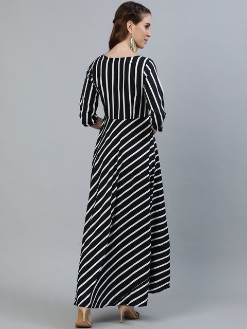Women Black Striped Maxi Dress With Three Quarter Sleeves