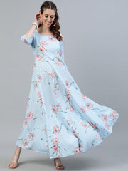 Women Pastel Blue Floral Printed Maxi Dress With Three Quarter Sleeves