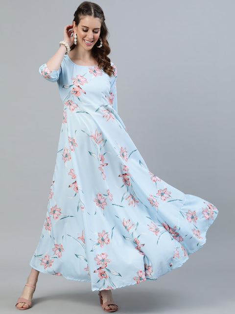 Women Pastel Blue Floral Printed Maxi Dress With Three Quarter Sleeves