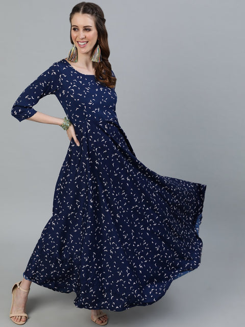 Women Navy Blue Printed Maxi Dress With Three Quarter Sleeves