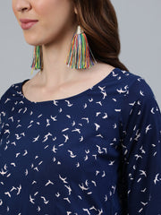 Women Navy Blue Printed Maxi Dress With Three Quarter Sleeves